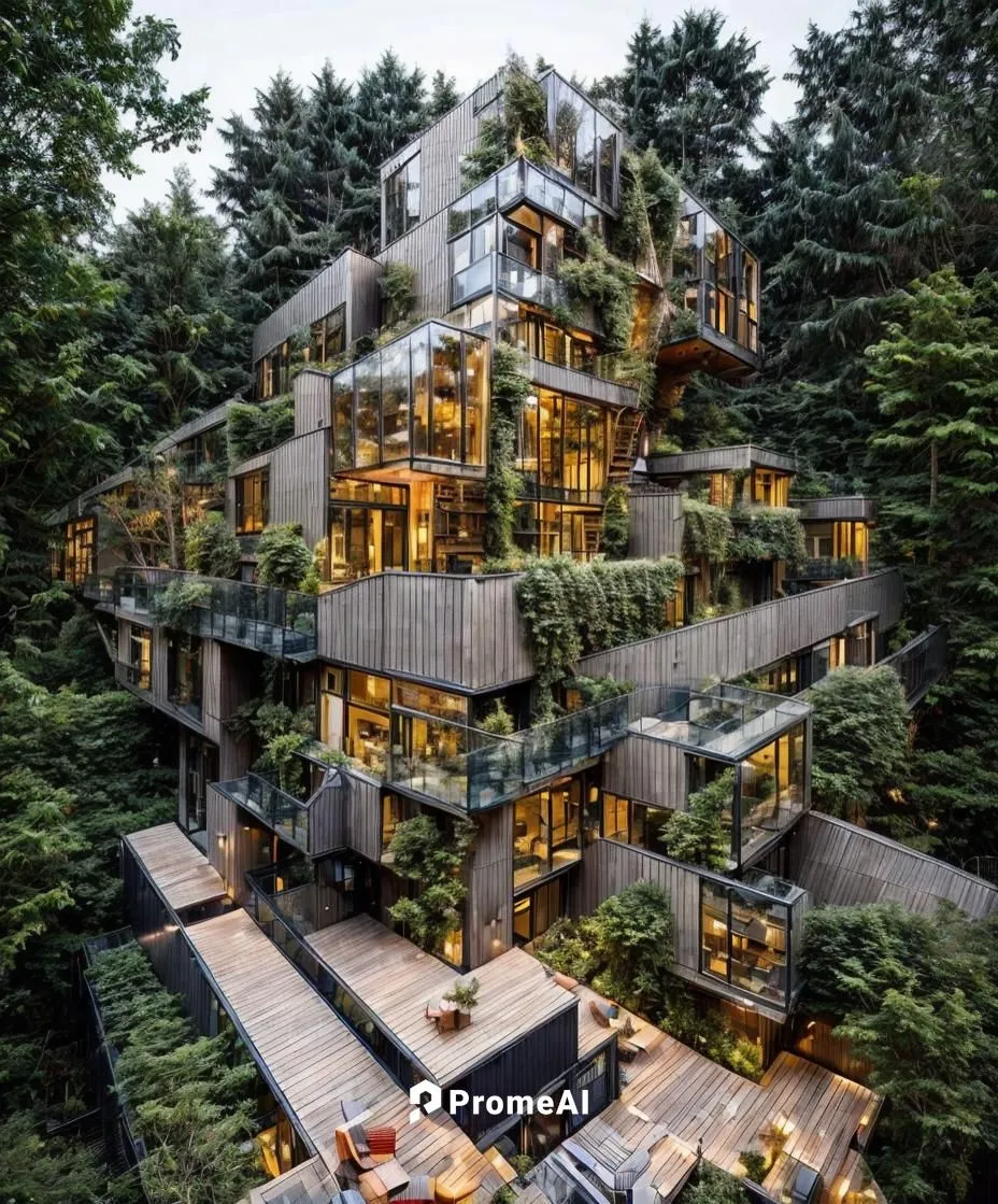 the wooden material of the future building stands tall outside the window of a sprawling rooftop garden. Glimmering mossy greenery provides a vibrant contrast to the stone of the building's exterior. 