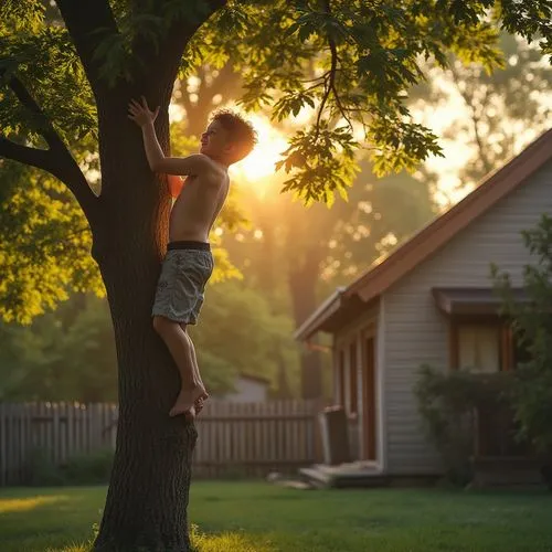 tree swing,boyhood,playing outdoors,he is climbing up a tree,girl with tree,photographing children,Photography,General,Realistic