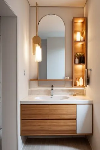 ultra luxurious modern wash basin unit with marble finish back and wooden shelves and white melamine drawers ,a modern bathroom with a white counter and wooden cabinet,modern minimalist bathroom,luxur