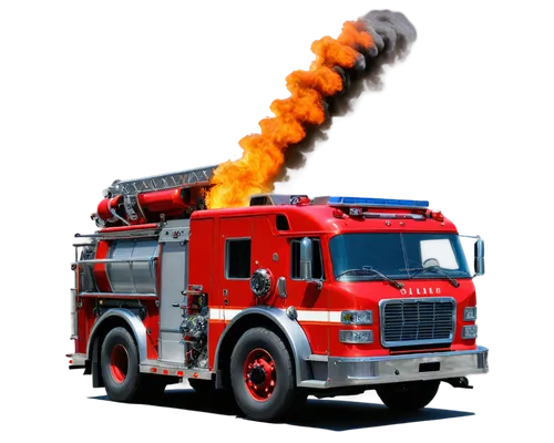 Fire truck, cartoon style, bright red body, shiny surface, ladder on side, flashing lights, sirens, big wheels, dynamic pose, speeding motion, smoke effects, city background removed, 3/4 composition, 