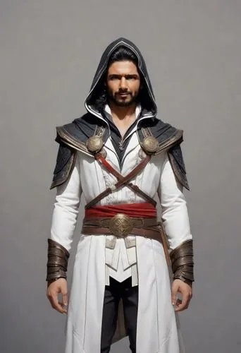 Black hair, small body, short man, 20th century, modern, Assassin's creed, symmetrical jacket with hood, white and black.,Assassin Commander,mengsk,ezio,moghul,alexios,rhodian,khilji,Digital Art,Class