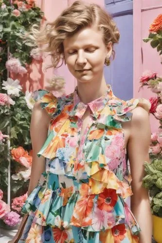 girl in flowers,vanwyngarden,floral dress,vintage floral,floral,retro flowers,colorful floral,beautiful girl with flowers,vintage flowers,marimekko,paltrow,seydoux,flowery,girl in a wreath,flower girl,colorful daisy,florals,girl picking flowers,floral skirt,floral background,Photography,Realistic