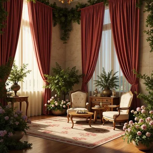 victorian room,ornate room,sitting room,interior decoration,damask background,curtains,livingroom,interior decor,living room,floral corner,floral decorations,wallcoverings,curtain,decors,houseplants,danish room,floral decoration,alcove,sunroom,dandelion hall