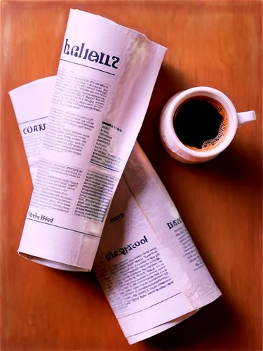 Newspaper graph, rolled up newspaper, crumpled paper texture, morning light, wooden desk, scattered coffee cups, office setting, shallow depth of field, warm color tone, cinematic lighting, slight blu