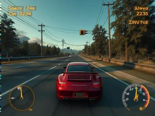 screenshot from playstation 2 game called "burnout 3" with ingame HUD,a car driving down the road with speed indicators on it,gameplay,gta,undriveable,screenshot,racing road,wanganella