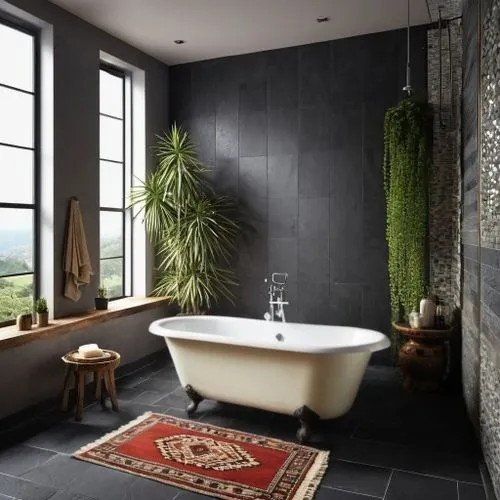 a chinese stoneware stool and add a shower rain,luxury bathroom,modern minimalist bathroom,bathtub,landscape designers sydney,ceramic floor tile,bathtub accessory,spanish tile,bathroom,ceramic tile,la