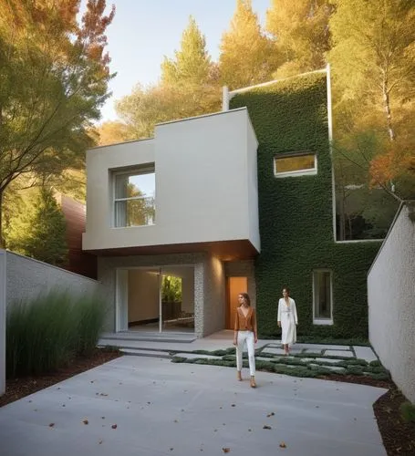 As you walk down the serene garden, you hear the soft hum of blooming flowers overhead, and they chime with an otherworldly energy. The exterior of the house is minimalist, complete with a wooden entr