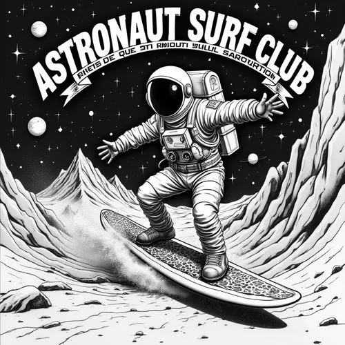 A captivating monochrome illustration of an intrepid astronaut riding a surfboard through the cosmos. The astronaut is in an exhilarating and daring surfing position, with a beaming smile across their