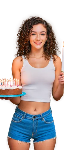 Happy birthday girl, smile, bright eyes, curly brown hair, minimal makeup, white tank top, blue denim jeans, bare feet, holding cake with candles, blowing out candles, soft focus, warm lighting, shall