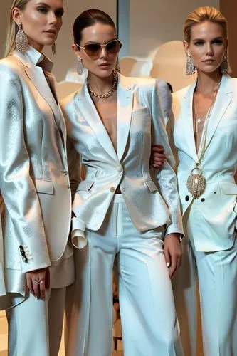 Fashion show ,three women dressed in white standing next to each other,pantsuits,fembots,mannequins,maxmara,mugler,fashiontv,Photography,General,Realistic