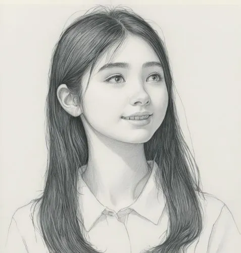 女孩，白色衬衫，黑色长发，黑白,a pencil drawing of a girl with long hair,akimoto,sanchai,sumiala,mari makinami,girl portrait,girl drawing,Illustration,Black and White,Black and White 13