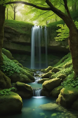 green waterfall,mountain spring,a small waterfall,cartoon video game background,landscape background,waterfall,world digital painting,mountain stream,flowing water,brook landscape,waterfalls,water scape,water fall,fantasy landscape,natural scenery,clear stream,water flowing,flowing creek,nature landscape,the natural scenery,Art,Classical Oil Painting,Classical Oil Painting 22