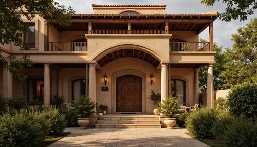 Warm earthy tones, rustic stone facades, ornate archways, rounded doorways, intricately carved wooden doors, heavy drapery, rich velvety fabrics, warm golden lighting, soft diffused shadows, Renaissan