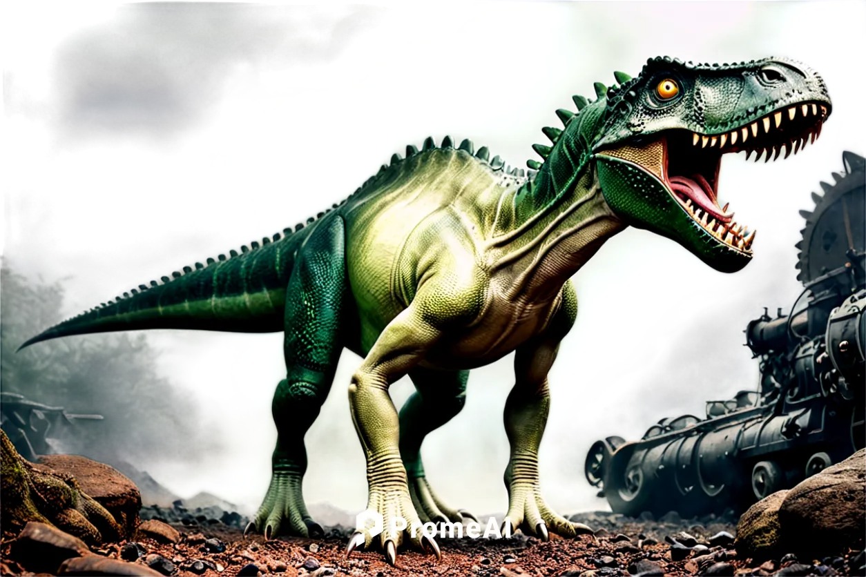 High-definition dinosaur, green scaly skin, sharp teeth, angry eyes, powerful legs, muscular tail, prehistoric era, misty atmosphere, dramatic lighting, low-angle shot, cinematic composition, 4K resol