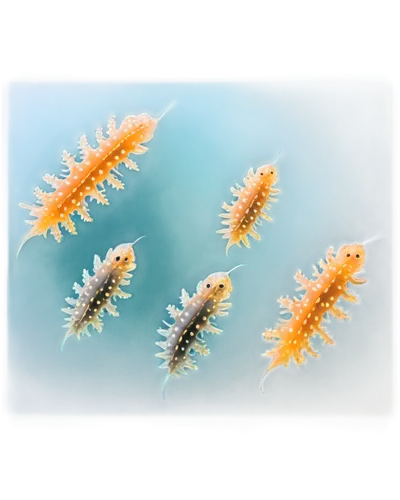 Sea lice, multiple, translucent bodies, delicate legs, soft glowing bioluminescent spots, swimming together, school formation, underwater scene, shallow depth of field, warm color tone, cinematic ligh