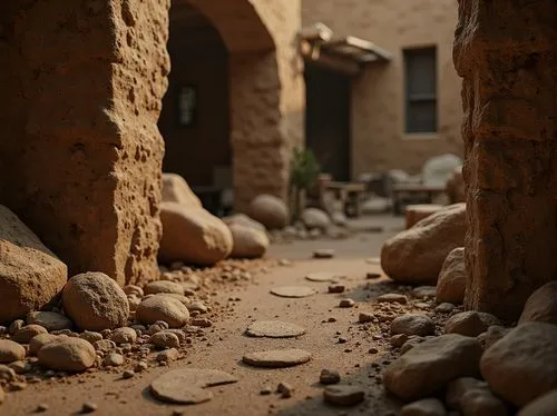 Earthy tones, natural mud textures, rustic walls, organic formations, rough-hewn stones, weathered wooden accents, earthy aromas, serene ambiance, soft warm lighting, shallow depth of field, 1/2 compo