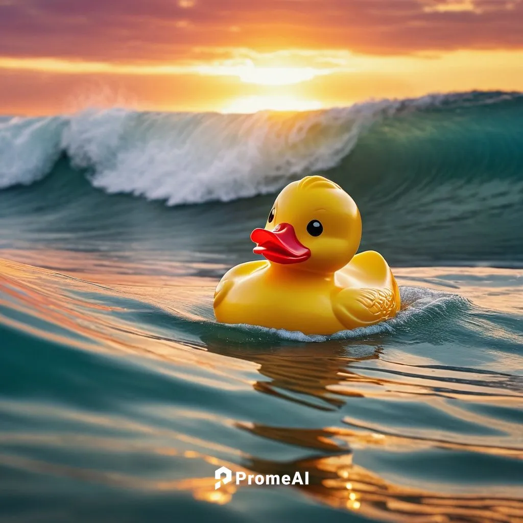 a tiny, lost rubber ducky in an action shot close-up, surfing the humongous waves, inside the tube, in the style of Kelly Slater, adding to the sense of isolation and vulnerability. The sun sets in th