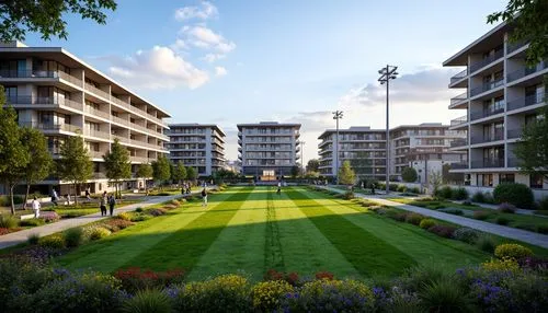 Vibrant stadium surroundings, lush green lawns, colorful flower beds, meandering walkways, modern social housing buildings, sleek balconies, urban landscape design, recreational facilities, community 