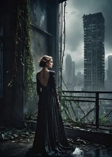 melancholia,destroyed city,girl in a long dress,gothic dress,leibovitz,black dress with a slit,dystopian,metropolis,delamar,gotham,labovitz,dystopias,femme fatale,katniss,city ​​portrait,mourning swan,apocalyptic,girl in a long dress from the back,sorrenti,dystopia,Photography,Fashion Photography,Fashion Photography 03