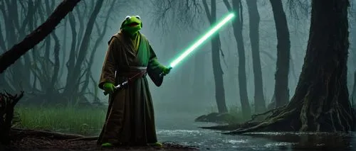 Kermit Jedi, green skin, wise eyes, long ears, white beard, Jedi robe, brown belt, holding lightsaber, standing, swampy background, misty atmosphere, murky waters, twisted trees, eerie fog, warm light