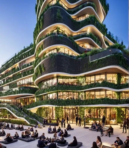 In a vibrant city center, a cutting-edge high-rise tower with a biophilic façade of ETFE cushions and vertical gardens stands alongside a striking 3D-printed community center. The tower’s dynamic desi