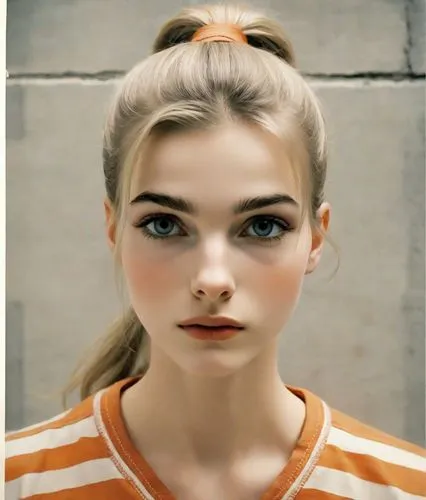 doll's facial features,vintage makeup,blond girl,vintage girl,portrait of a girl,pompadour,young woman,natural cosmetic,blonde girl,girl portrait,bun,female model,beautiful face,blonde woman,model beauty,clementine,girl in t-shirt,retro girl,pretty young woman,realdoll,Photography,Polaroid