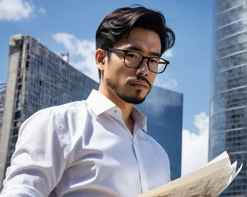 Male architect, 30s, bespectacled, short black hair, beard, white shirt, rolled-up sleeves, dark jeans, brown leather belt, holding blueprints, standing, in front of a skyscraper, modern cityscape, su