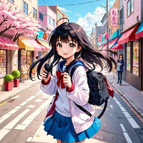 sakura background,japanese sakura background,nico,anime japanese clothing,azusa nakano k-on,colorful city,harajuku,shopping street,naginatajutsu,sakura blossoms,anime girl,sakura blossom,sakura flowers,colorful background,japanese kawaii,aomoriya,walk,sakura florals,osaka,anime cartoon,Anime,Anime,Traditional