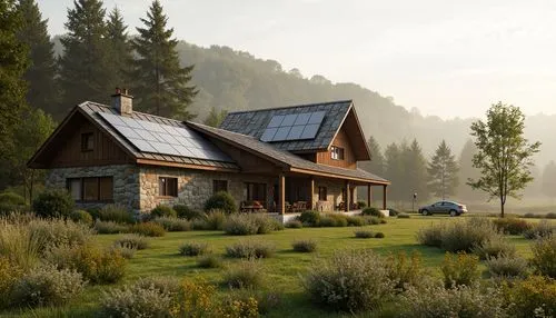 the cabin in the mountains,house in the mountains,log home,grass roof,house in mountains,solarcity,summer cottage,passivhaus,3d rendering,small cabin,ecovillages,electrohome,render,home landscape,solar panels,log cabin,country cottage,house in the forest,forest house,wooden house