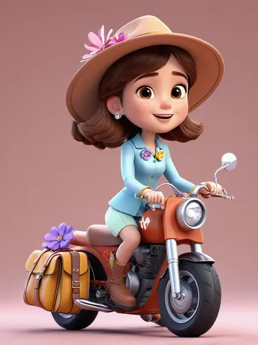 pixar, 1girl, solo, ground vehicle, brown hair, hat, motorcycle, flower, child, bag, motorcycle, riding, girl child, brown eyes, simple background, earrings, long sleeves,,agnes,cute cartoon character