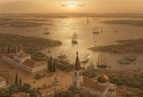 Panoramic view of the old town, embankment and river.
The trees are greenish-beige, the walls are light beige, the roofs are brown tiled, the radial domes on the roof are gilded, the area is paved wit