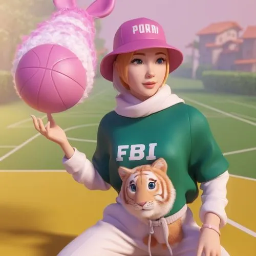 a woman holding a small ball and stuffed animal toy,irabu,pubg mascot,pinkola,fetch,play balls,pinzi,Unique,3D,3D Character