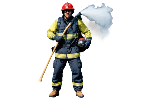 Muscular man, fire fighter, helmet, goggles, oxygen tank, fireproof jacket, pants, boots, holding axe, spraying water, strong facial expression, sweat, soot-stained face, dynamic pose, low-angle shot,