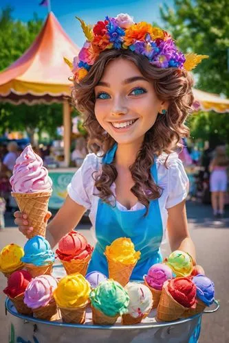 colored icing,woman with ice-cream,frozen dessert,ice cream cart,ice cream stand,variety of ice cream,sweet ice cream,soft serve ice creams,icecream,ice-cream,ice cream cones,disney rose,ice cream,ice cream maker,disney character,soft ice cream,ice cream on stick,kawaii ice cream,ice creams,buttercream,Illustration,Realistic Fantasy,Realistic Fantasy 02