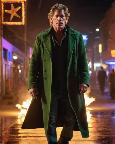 a full body image Thomas Haden Church as Sandman,Older Sandman from Spider-Man,hauer,bebop,karyo,baumhauer,green jacket,overcoat,Photography,General,Commercial