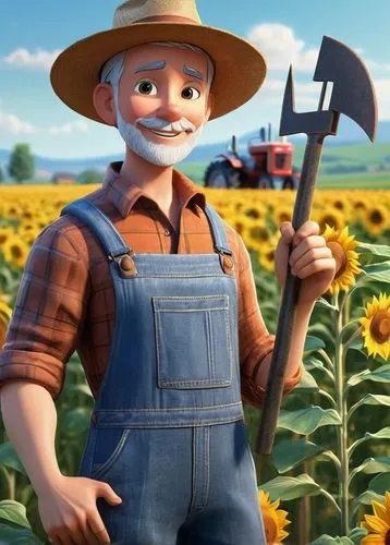 Rural landscape, agricultural scene, mature farmer, worn denim overalls, plaid flannel shirt, straw hat, weathered skin, rugged hands, holding a rusty metal tool, standing amidst lush green crops, sun