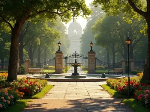 Classical park, functional spaces, elegant benches, intricately designed fountains, vibrant flowerbeds, walking paths, lamp posts, ornate iron gates, majestic trees, soft green grass, serene atmospher