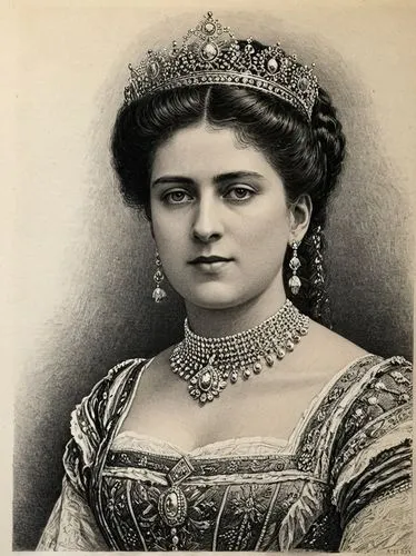 Black and white steel engraving, 1900: MARY (née von Teck), then Princess of Wales,a woman wearing a tiar and an old fashion dress,elizabeth ii,miss circassian,maharani,qajar,kohinoor,irani,Illustrati