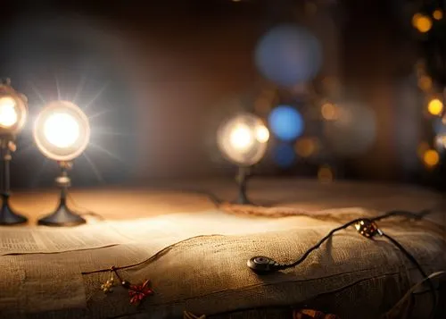 three small lights on top of a cloth,bokeh lights,christmas luminaries,square bokeh,fairy lights,string lights,christmas light,Photography,General,Realistic