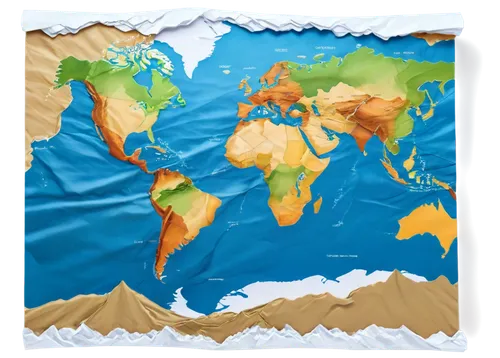 World map, flat lay, unfolded, creased paper texture, colorful country borders, blue ocean, green forests, beige deserts, white snow-capped mountains, 3D globe composition, soft lighting, realistic sh