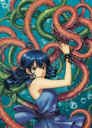 Tentacles Coiling around a girl.,sea snake,mermaid background,under sea,sea eel,under the sea,tentacles,sea-life,blue snake,fantasia,tentacle,nami,god of the sea,water snake,medusa,water nymph,squid r