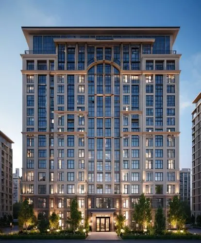 arch,a very big tall building with some windows at dusk,hoboken condos for sale,residential tower,benaroya,homes for sale in hoboken nj,penthouses,zorlu,kimmelman,condominia,condos,escala,condominiums