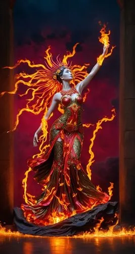 the flame dancer in a red and gold outfit is posing,pillar of fire,flame spirit,flaminius,ifrit,surtur,fire background