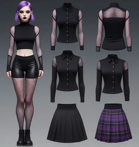 Paper doll goth purple dyed haired girl in black sleeveless shirt ,black tight fit spandex shorts, complete full length fishnet and black boot standing surrounded by with a set of goth fashion clothin