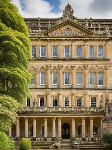 Bath England, Georgian architecture, historic building, Roman Baths, Abbey Churchyard, Pulteney Bridge, River Avon, sunny day, blue sky with white clouds, lush green trees, flowers blooming in gardens