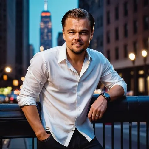 Leonardo DiCaprio, handsome mature man, charming smile, stylish hair, blue eyes, casual wear, white shirt, black jeans, leather belt, sneakers, relaxed pose, leaning against a wall, city streets, New 