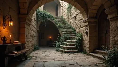 Rough stone walls, brutalist monastery architecture, weathered sandstone, coarse texture, crumbling edges, worn-out stairs, dimly lit corridors, mysterious ambiance, eerie silence, dramatic shadows, w