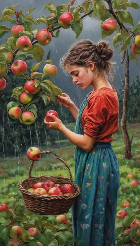 An exhausted girl picking apples in a gloomy rainstorm.,girl picking apples,woman eating apple,apple harvest,picking apple,cart of apples,red apples,basket of apples,apple orchard,apple trees,apple tr