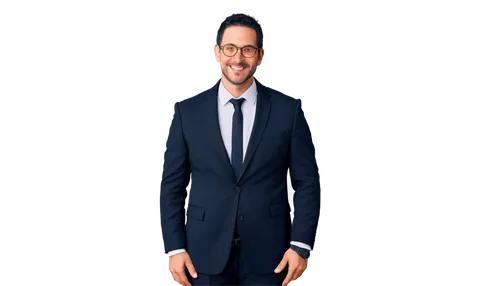 Mature man, husband, smiling, (35yo), short black hair, glasses, facial hair, white shirt, black suit, tie, wedding ring, gentle eyes, warm smile, relaxed posture, leaning against wall, 3/4 compositio