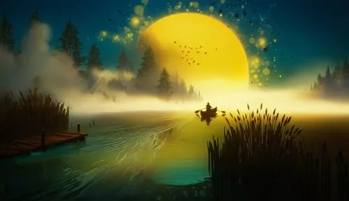 a painting depicting a person in a canoe at night,fantasy picture,the night of kupala,cartoon video game background,night scene,world digital painting,fantasy landscape,Illustration,Abstract Fantasy,A